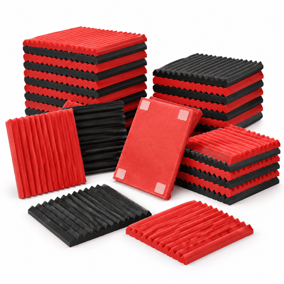 52 Pack Acoustic Foam Panels 1" X 12" Wedge Studio Sound Absorption Wall (black/red)