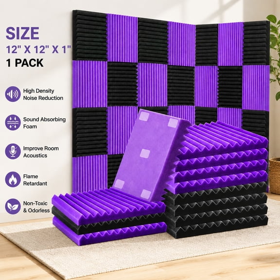 52 Pack Acoustic Foam Panels, 1" x 12" x 12" Sound Absorption Wedge Studio Foam, Noise Reduction Treatment for Home Theater, Recording Studio, Black/Purple