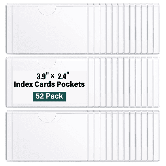 52 Pack Adhesive 2.4" x 3.9" Index Card Pockets with Top Open for Loading, Clear Plastic Labels Holders for Organizing, Storage Bins, Library Card, Totes, Shelves Box Drawer