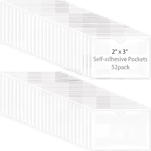 52 Pack Self-Adhesive Index Card Pockets for 2" x 3" Card, Clear Plastic Labels Holders Top Open for Loading Card Holder for Storage Bins, Library and Bins (2.34 x 3.96 Inches)