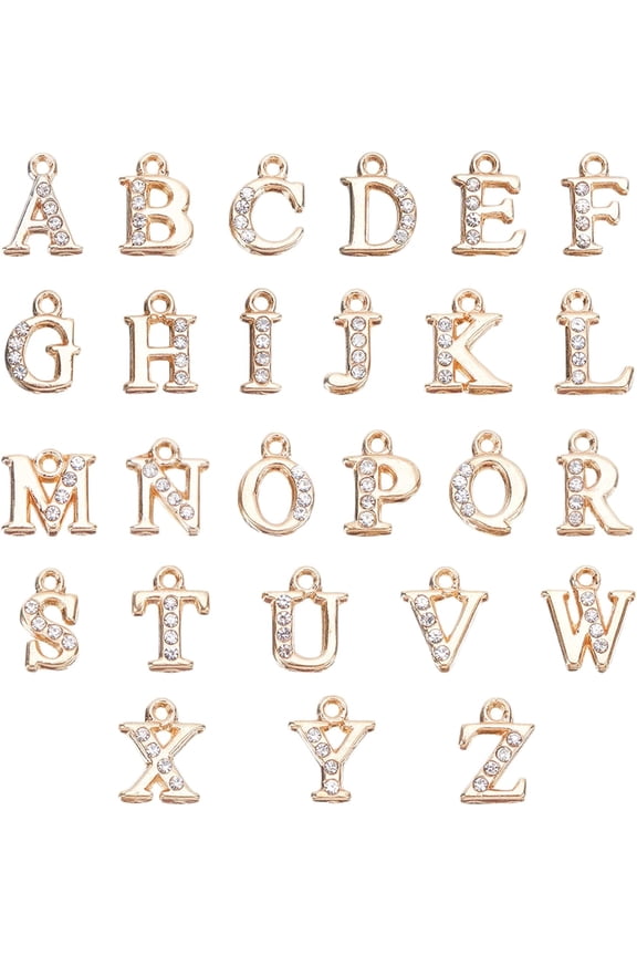 52 Pcs/2 Sets Alphabet Charms Letter Charms A-Z Light Gold Alloy Pendants Letter Alloy Rhinestone Charms for DIY Valentine's Day Jewelry Making Name Bracelets