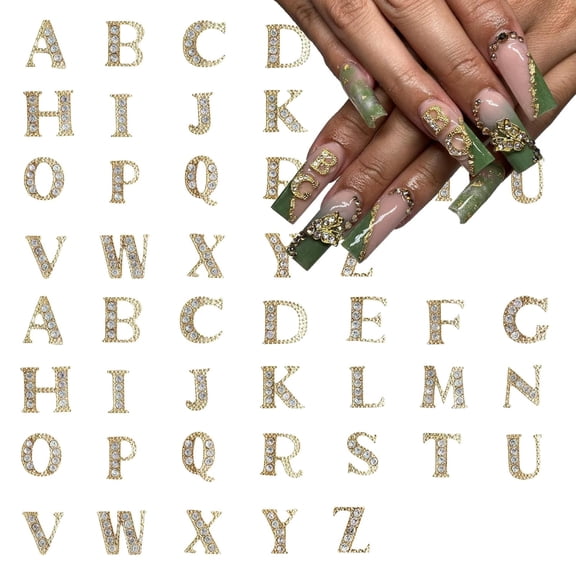 52 Pcs 3D Gold Nail Charms Letters Initial Charms for Nails Nail Letter Charms Alphabet Rhinestone Letter Nail Charms for Nail Art Design Decoration DIY Craft