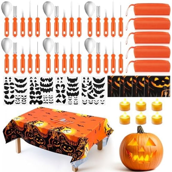 52 Pcs 6 Set Halloween Pumpkin Carving Kit Heavy Duty Stainless Steel Pumpkin Carving Tools with Storage Bag Tablecloth Stickers Tea Lights for Family Party Halloween Decor