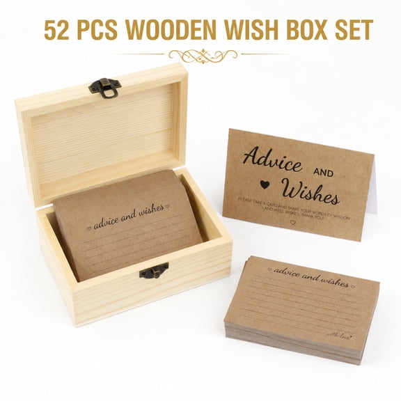 PanJoidys 52 Pcs Advice Cards with Wooden Card Box Set, Baby Shower Guest Book Alternative, Wishes & Prediction Cards for Wedding Bridal Graduation, Rustic Party Decor