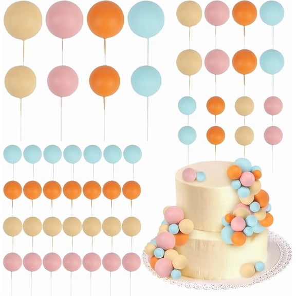 52 Pcs Ball Cake Decorations - Blue Pink Orange Yellow Ball Dessert Picks Cake Cupcake Toppers, Vintage Color Birthday Party Baby Shower Gender Reveal Cake Supplies