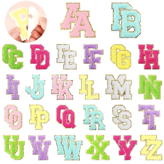 52 Pcs Chenille Alphabet Patches with Glitter, Self-Stick Embroidered Letters for Custom Hats Bags Mugs, A-Z Multicolor