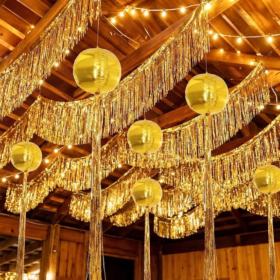 52 Pcs Disco Party Decorations Kit, 4d 22" Foil Balloons & Tinsel Fringe Curtains for Ceiling Decor, 70s Retro Theme Birthday New Year Eve Backdrop(Gold,Round)