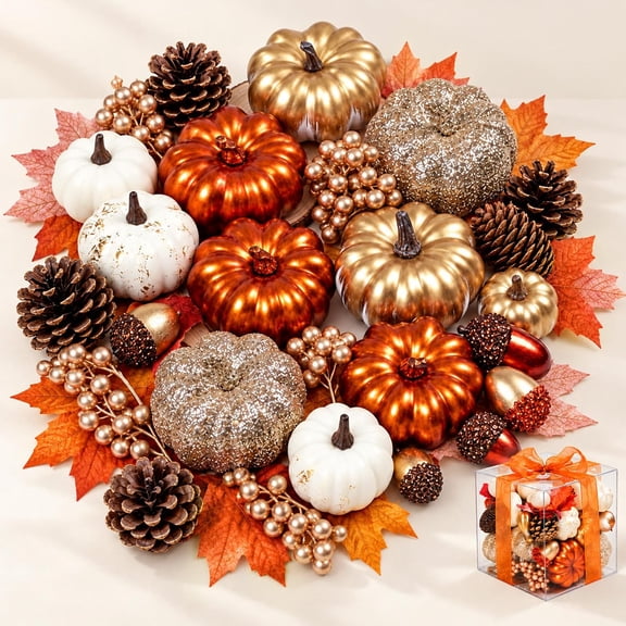 52 Pcs Fall Pumpkins Decor Set, Luxury Handmade Gold Silver White Artificial Pumpkins with Maple Leaves & Pine Cones, Fall Decor for Halloween Thanksgiving Home Mantel Tabletop
