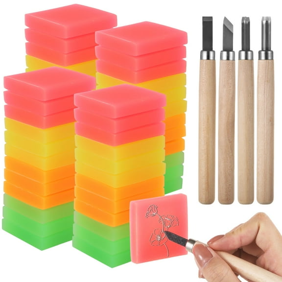 52 Pcs Linoleum Blocks Kit, Luminous Rubber Stamp Carving Blocks with 4 Carving Tools, Block Printing Kit for Printmaking, Square Colored Rubber Blocks for DIY Crafts