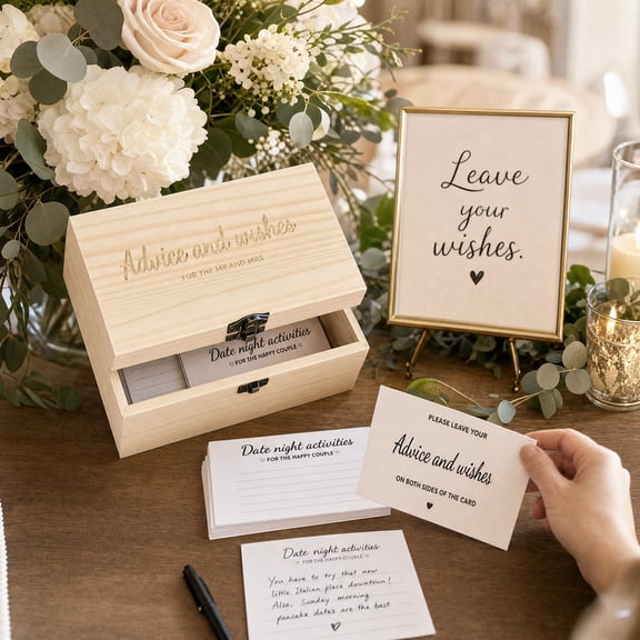 52 Pcs Rustic Wedding Advice Cards and Wooden Box Set with 51 Rustic Cards and 1 Wooden Box for Bridal Shower, Well Wish Cards for Bride and Groom, Party Decorations for Wedding Birthday Christmas