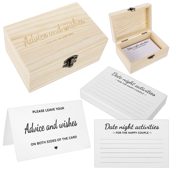 52 Pcs Rustic Wedding Advice Cards and Wooden Box Set with 51 Rustic Cards and 1 Wooden Box for Bridal Shower, Well Wish Cards for Bride and Groom, Party Decorations for Wedding Birthday Christmas