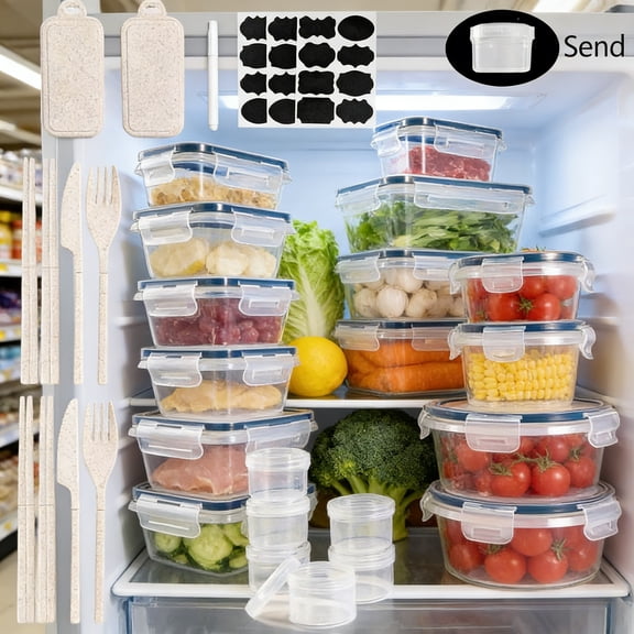 52-Piece Airtight Fridge Food Storage Containers with Lids | BPA-Free Refrigerator Organizer Set with Wheat Straw Utensils, Condiment Containers, Labels & Marker for Kitchen Pantry Storage