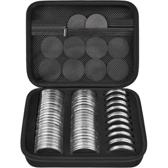 52-Piece Coin Capsule Case for Collectors, 20-46mmBlack Inner | Hard EVA Shell, Clear Display, Foam Gaskets and Carry Handle for Organized Home Storage and Travel, Coins Not Included