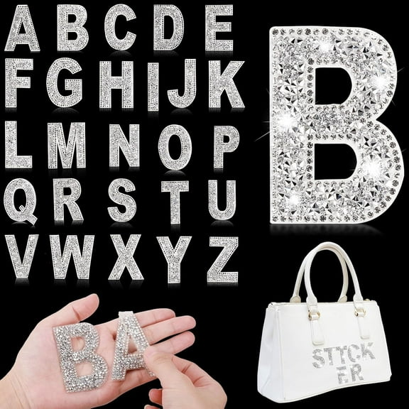 52 Pieces Glitter Resin Rhinestone Alphabet Letter Stickers Crystal Rhinestone Iron on Letter Self Adhesive A-Z Glitter Stickers for Art Clothing DIY Works(White)