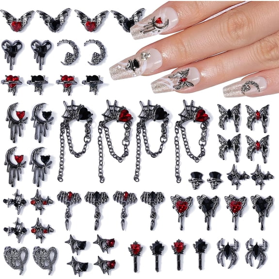 52 Pieces Halloween Nail Charms 3D Spider Moon Heart Butterfly Chain Nail Gems Dark Nail Accessories with Red Glass Nail Rhinestones for Women DIY Nail Design Craft Jewelry Making