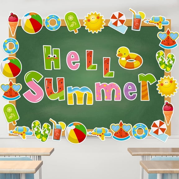 52 Pieces Hello Summer Cut Outs Colorful Summer Theme Bulletin Board Decor with 120 Pieces Glue Points Beach Pool Paper Cutouts for Classroom Bulletin Board Decoration School Party Supplies
