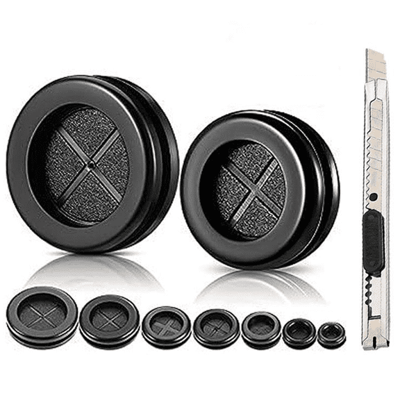 52 Pieces Rubber Grommet Kit Firewall Grommet Wire Grommet Round Double Sided Rubber Hole Plug with Retractable Box Knife for Wire Protection
