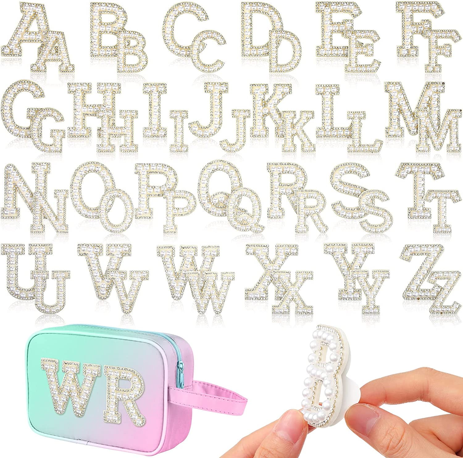 52 Pieces Self Adhesive Pearl Rhinestone Letter Patches A-Z Bling Rhinestone Letter Stickers Glitter Alphabet Appliques Sticker for DIY Clothes Bags Hats Phone Backpacks(White)