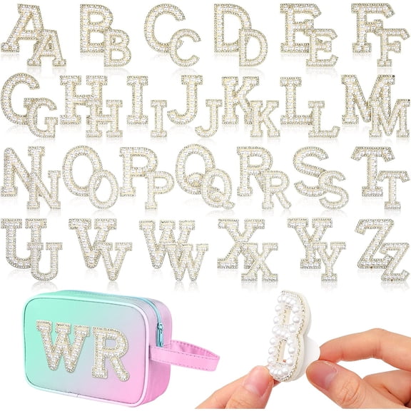 52 Pieces Self Adhesive Pearl Rhinestone Letter Patches A-Z Bling Rhinestone Letter Stickers Glitter Alphabet Appliques Sticker for DIY Clothes Bags Hats Phone Backpacks(White)