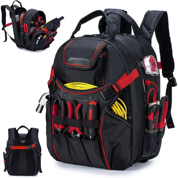 52 Pockets Tool Bag Backpack for Men Tool Backpack Heavy Duty Storage Organization Tool Bags Heavy Duty with Waterproof Molded Base for Electrician, Repairman Industrial & Construction Work, Red