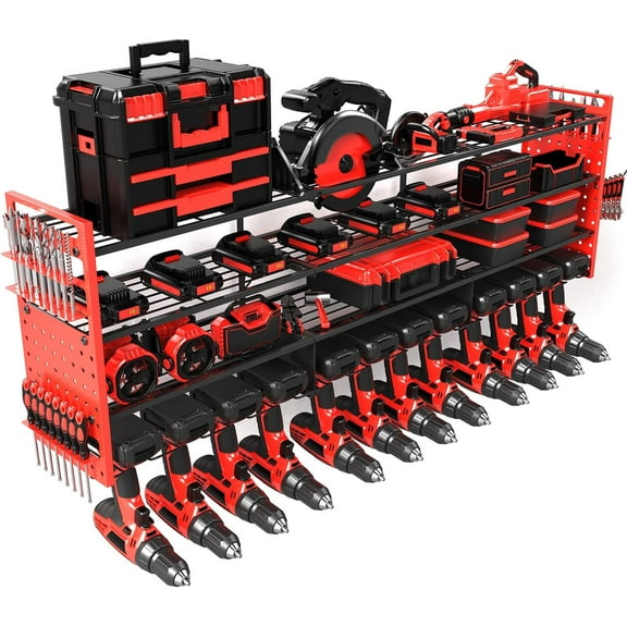52" Power Tool Organizer Wall Mount with 12 Drills Holder, 4-Tier Power Tool Storage Rack, DIY Pegboard Side Panels,4 Long Hooks, Garage Tool Shelf for ,Drills