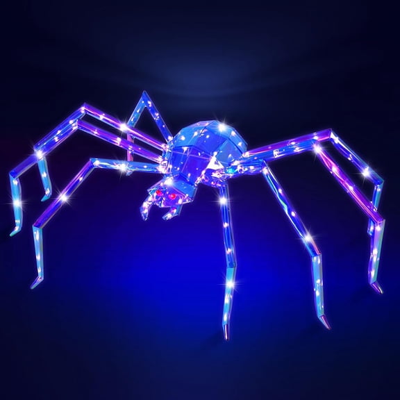 52" Prismatic Iridescent Giant Spider, 140LED Plug-In Prismatic Spider Decorations for Halloween, Light Up Giant Spider for Outdoor, Garden, Yard, Porch, Exterior Wall