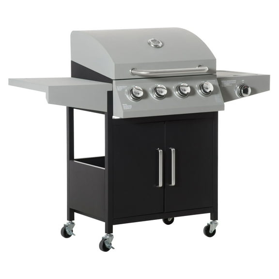 52" Propane Gas Grill 4+1 Burner BBQ, Outdoor Cabinet Grill w/ Side Burner & Wheels, Silver
