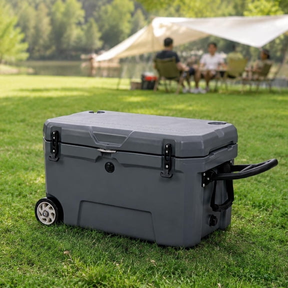 52 Quart Portable Hard Cooler with Wheels and 6-Day Ice Retention, Heavy Duty Wheeled Ice Chest for Camping, Gray