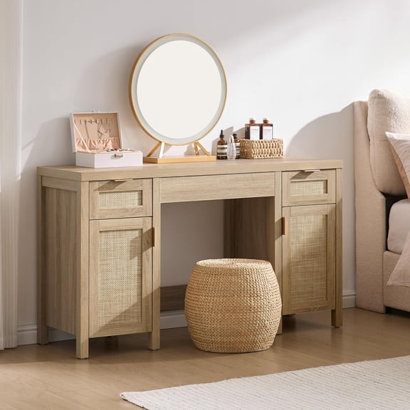 52" Rattan Vanity Desk with 3 Drawers & 2 Cabinets, Vanity Table | Large Boho Farmhouse Makeup Dressing Table, Wooden Home Office Desk for Bedroom, Office, Living Room, Dining Room