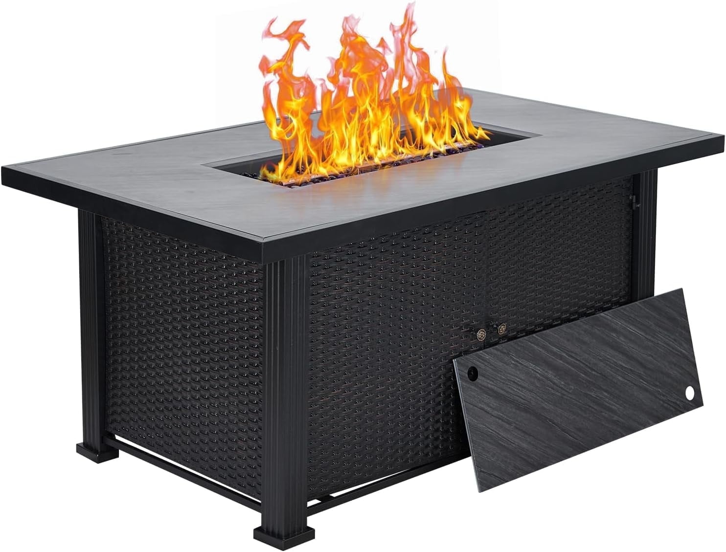 52" Black Slate Gas Fire Pit Table with Rattan Panel