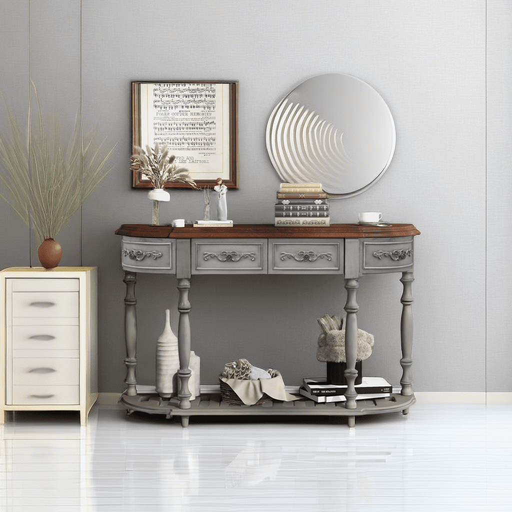 52" Retro Curved Console Table Wood Entryway Table with 4 Drawers and 1 ...