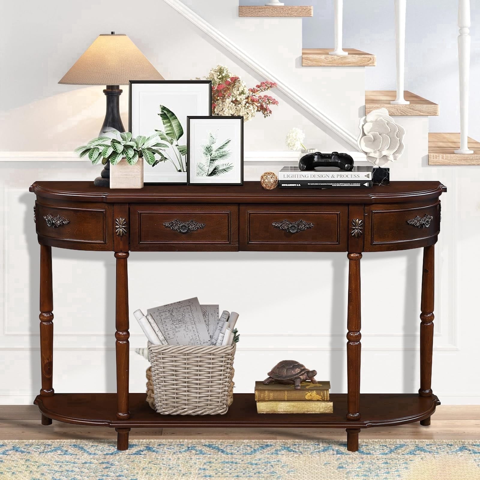 52" Retro Half Moon Console Table - Curved Wood Sofa Table with 2 Drawers & Open Shelf for Entryway, Living Room & Hallway in Cherry