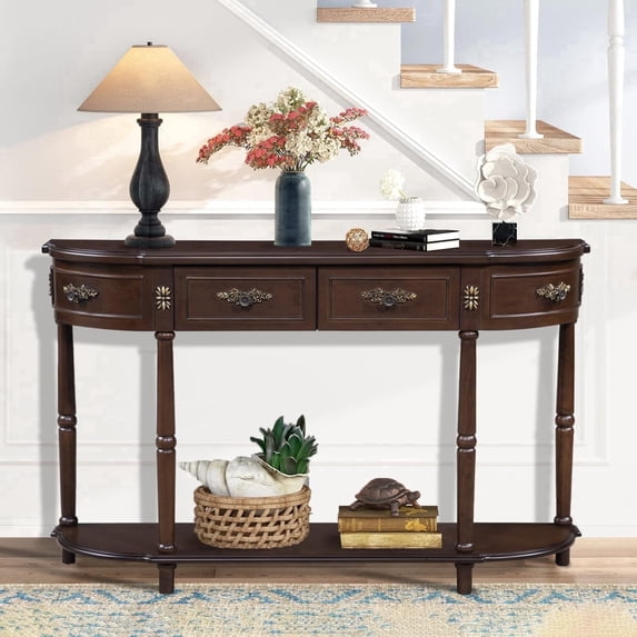 52" Retro Half Moon Console Table - Curved Wood Sofa Table with 2 Drawers & Open Shelf for Entryway, Living Room & Hallway in Espresso