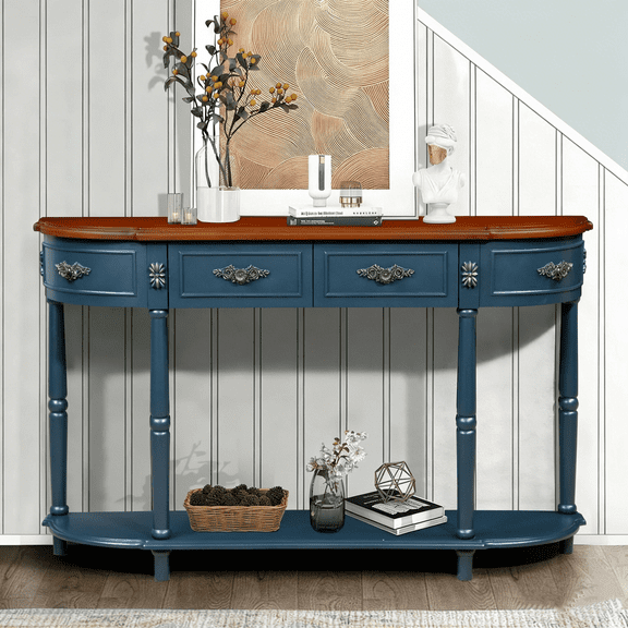 52" Retro Half Moon Console Table - Curved Wood Sofa Table with 2 Drawers & Open Shelf for Entryway, Living Room & Hallway in Navy Blue