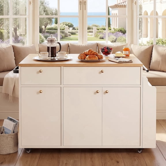 OMCMUU Rolling Mobile Kitchen Island with Drop Leaf and Trash Can Storage, Solid Wood, with Power Outlets, White Finish, 52 Inch