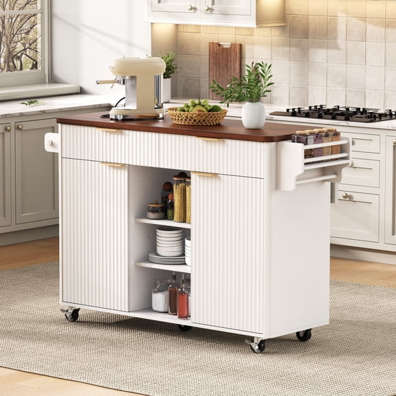 52" Rolling Kitchen Island with Folding Faux Marble Top, Fluted Kitchen Cart with Power Outlet, 3 Open Shelves, 2 Doors, 2 Drawers, 5 Wheels, Adjustable Shelves, Towel Rack, for Dining Room, White