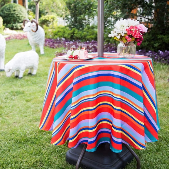 52' Round Tablecloth Waterproof Outdoor Tablecloth with Umbrella Hole Zipper for Spring Summer Patio Picnic Tables, Red Stripe