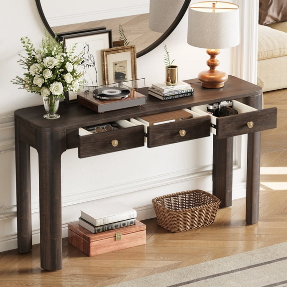 52" Rustic Console Table with 3 Concealed Drawers, Entryway Table with Curved Corners, Modern Sofa Table with Thick Legs for Hallway Living Room Entryway, Espresso