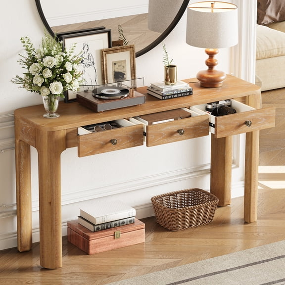52" Rustic Console Table with 3 Concealed Drawers, Entryway Table with Curved Corners, Modern Sofa Table with Thick Legs for Hallway Living Room Entryway, Natural