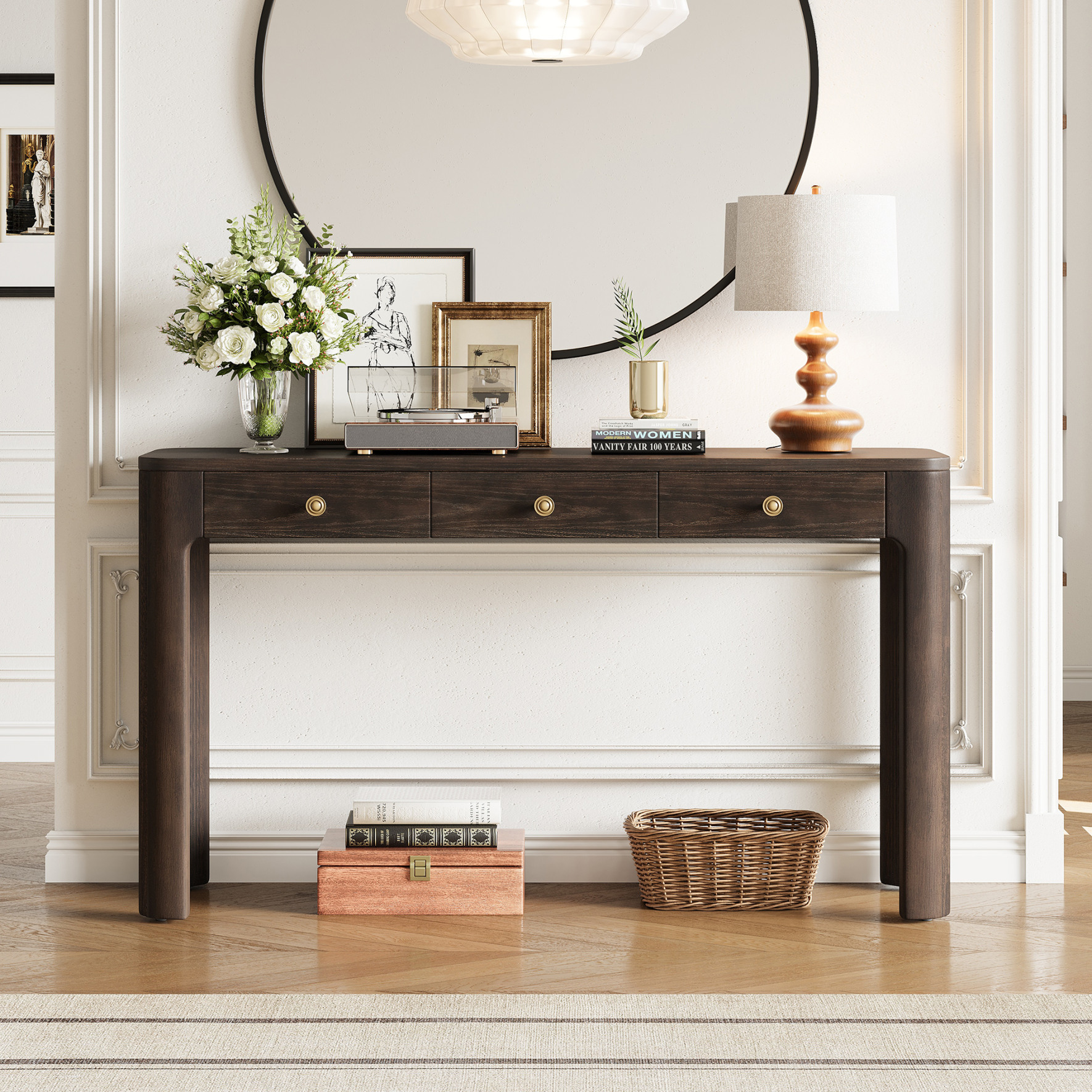 52'' Rustic Curved Console Table, Entryway Table with 3 Concealed Drawers, Sturdy Sofa Table with Thick Legs for Hallway & Living Room, Espresso