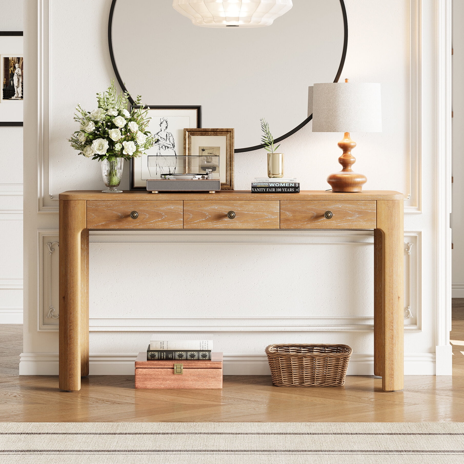 52'' Rustic Curved Console Table, Entryway Table with 3 Concealed Drawers, Sturdy Sofa Table with Thick Legs for Hallway & Living Room, Natural