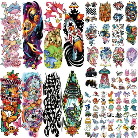 52 Sheets Kids Full Arm Temporary Tattoo, Fake Arm Tattoos Planet Astronaut Spaceship Rocket Dolphin Car Dinosaur Tattoo for Boy, Unicorn Castle Bunny Butterfly Cat Long lasting Tiny Tattoos for Girl