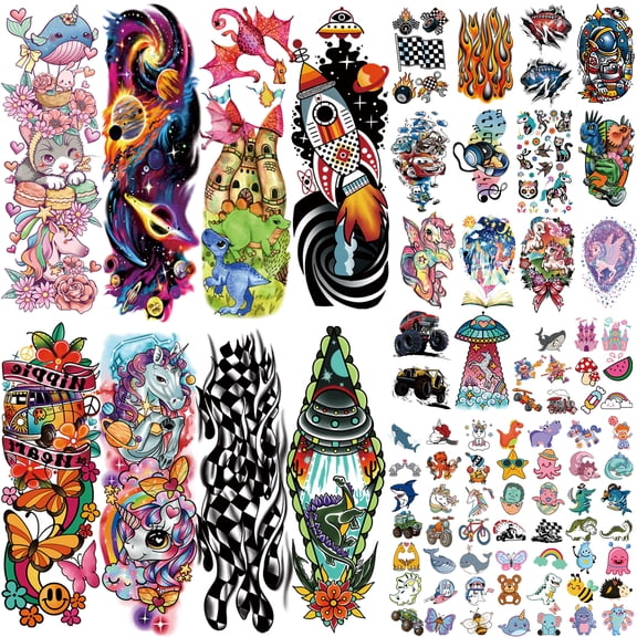 52 Sheets Kids Full Arm Temporary Tattoo, Fake Arm Tattoos Planet Astronaut Spaceship Rocket Dolphin Car Dinosaur Tattoo for Boy, Unicorn Castle Bunny Butterfly Cat Long lasting Tiny Tattoos for Girl