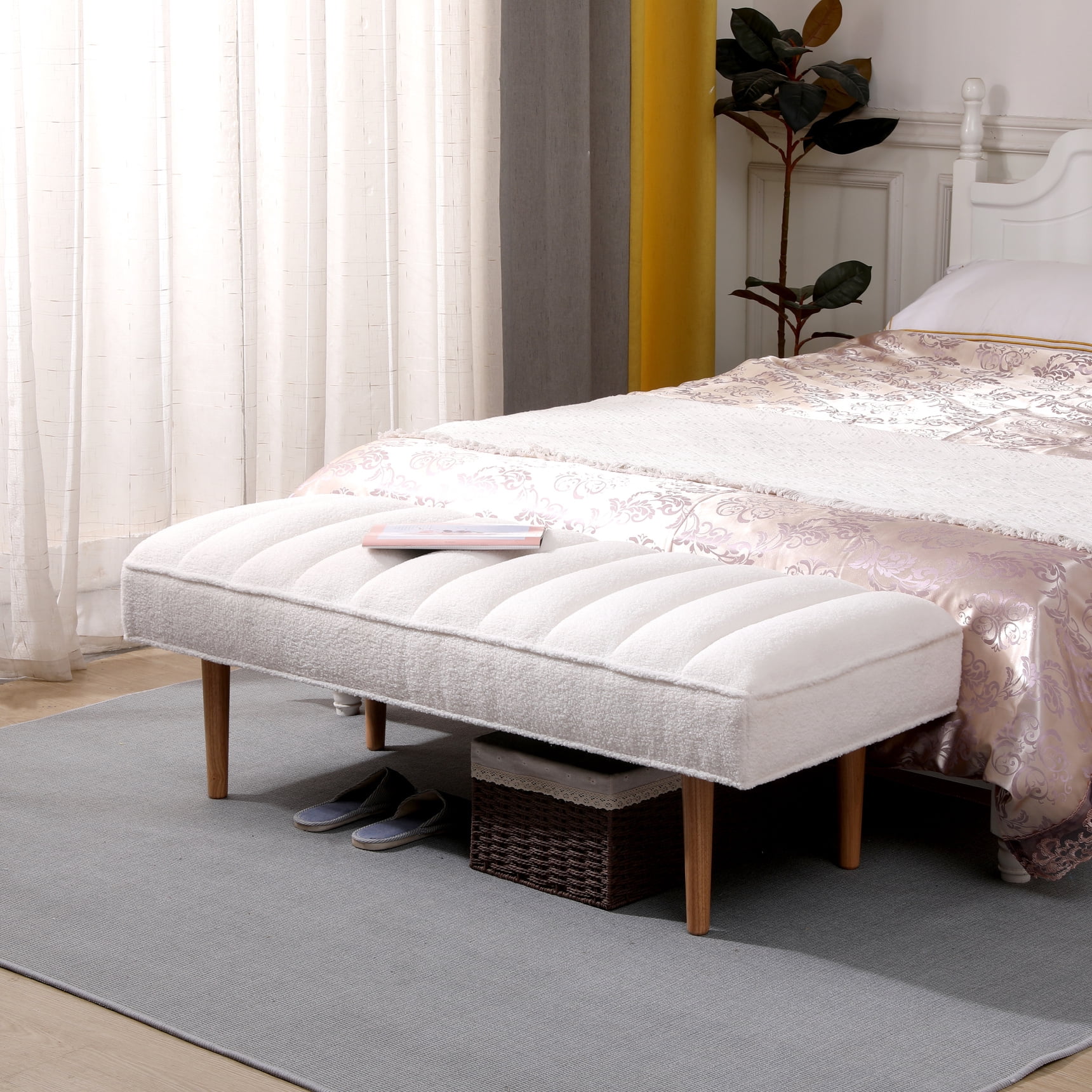43.5” Faux Leather Bed Bench – Upholstered End Of Bed Bench With Wood Legs, Black