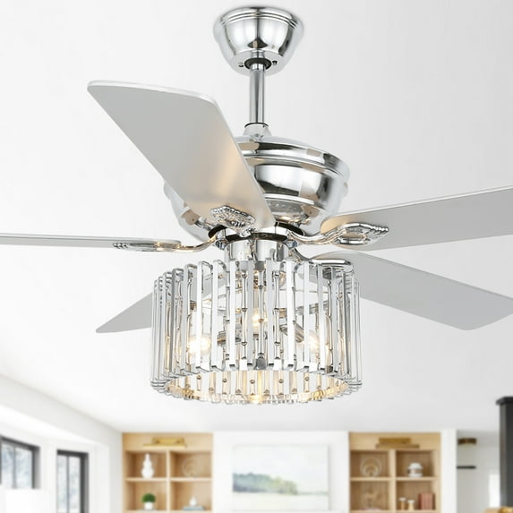 52" Silver Crystal Ceiling Fan with 5 Reversible Blades, Light Kit, Remote Control and Pull Chain