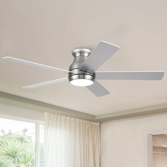 52" Dual Size Flush Mount Ceiling Fan, Brushed Nickel Low Profile 3CCT LED Dimmable & Remote Control, Quite DC Motor,Reversible 6 Speed for Bedroom,Balcony.