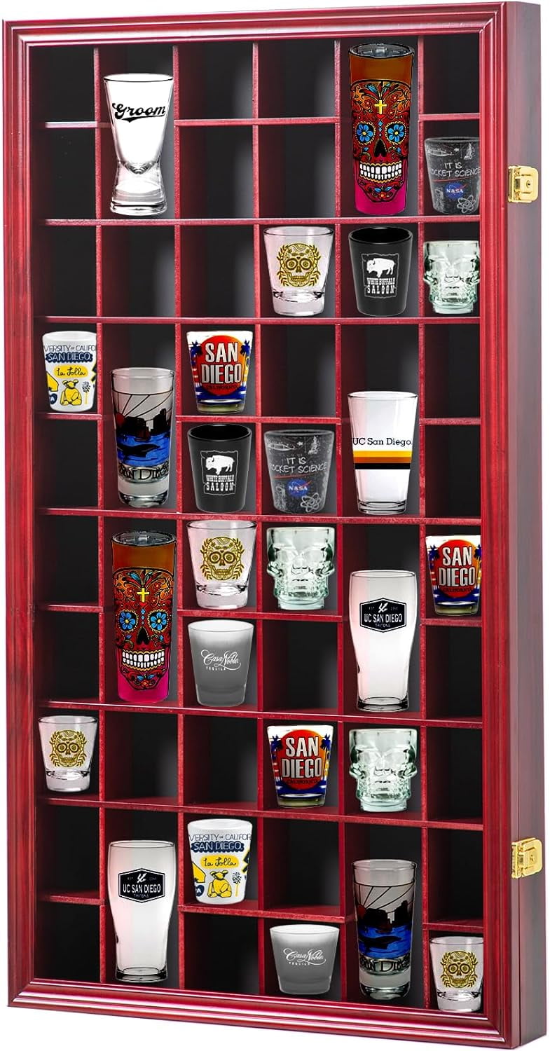 52 Slots Shot Glass Display Case with Lockable Door, Solid Wood Cabinet ...