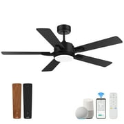 52 Smart Ceiling Fans with Lights and Remote,Quiet DC Motor,Outdoor Indoor Wood& Black Ceiling Fan,Voice Control via WIFI Alexa App,Modern Dimmable LED Ceiling Fan for Bedroom Patio Porch