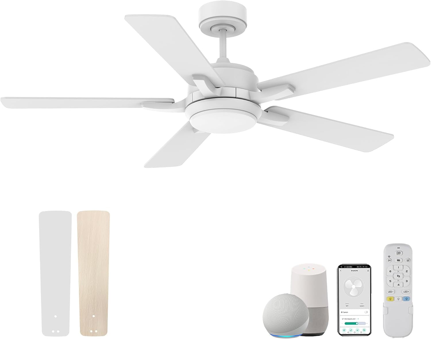 52-Inch White and Light Wood Smart Ceiling Fan with LED Light