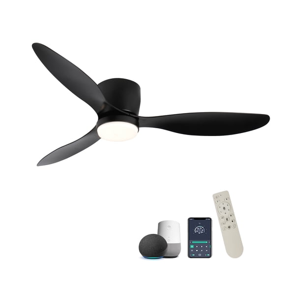 52 Smart Flush Mount Black Ceiling Fan with Lights Remote, Quiet DC Motor for Indoor Outdoor, Low Profile Ceiling Fan with WiFi Alexa App Control, Dimmable LED, ABS Blades for Modern Bedroom Patio